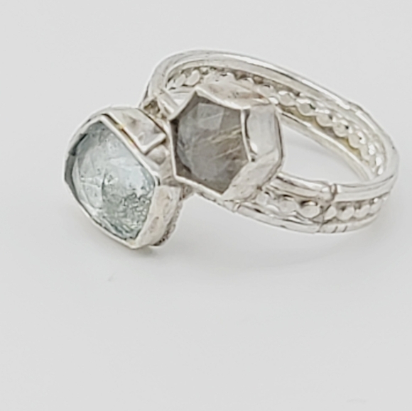 AQUAMARINE & RUTILATED QUARTZ DOUBLE RING HANDMADE IN STERLING SILVER SZ 6.5 - Picture 4 of 5